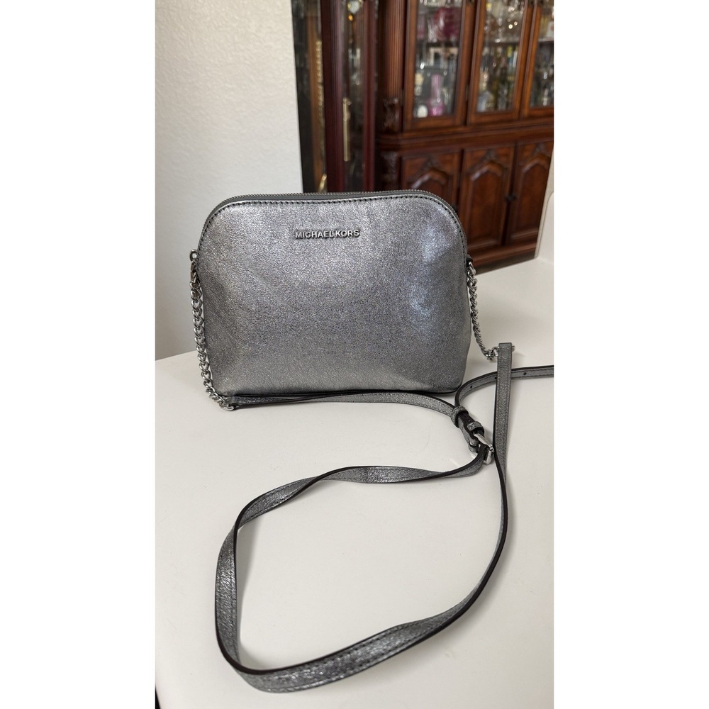 Michael Kors Pewter Silver Metallic Dome Crossbody Bag Chain Strap Purse